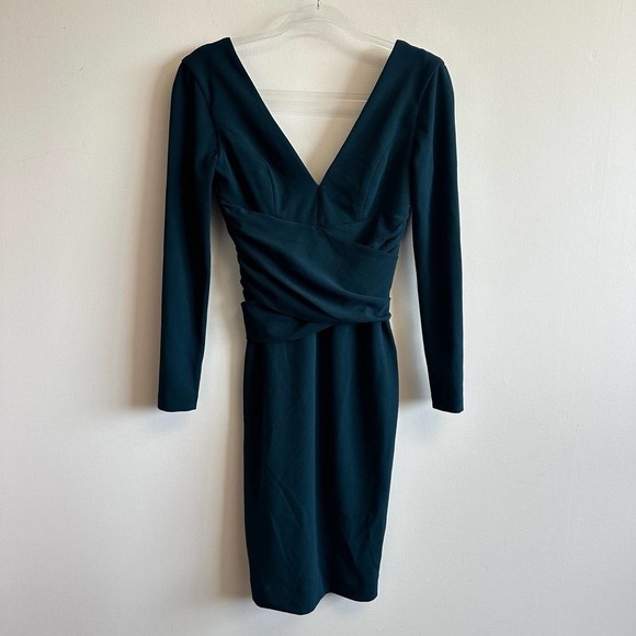 Dress the Population Long Sleeve Stretch Dress V-Neck in Pine Blue Green XXS - Picture 7 of 11